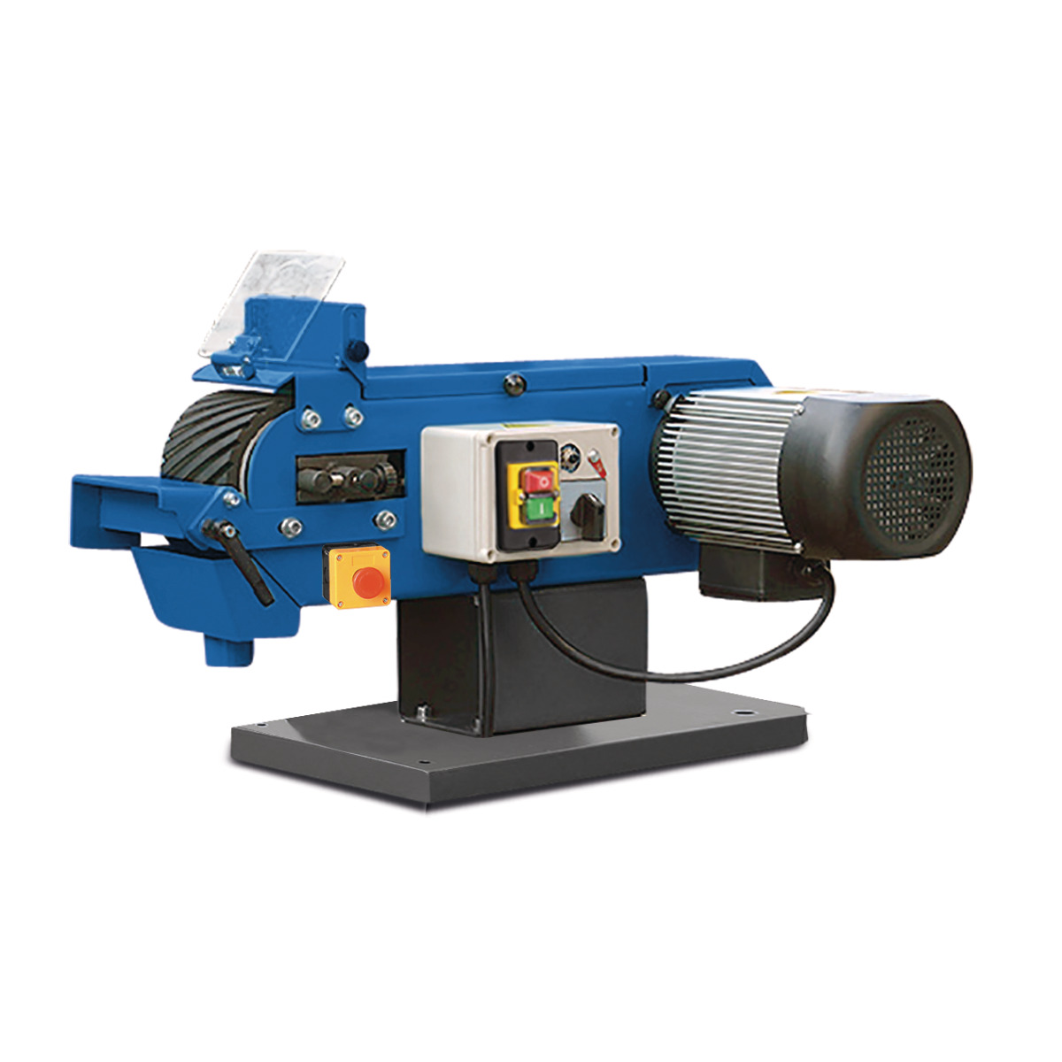 Metallbandschleifmaschine mit blauem Gehäuse, seitlichem Elektromotor, Bedienfeld, Not-Aus-Taster und Schleifbandabdeckung auf Grundplatte.