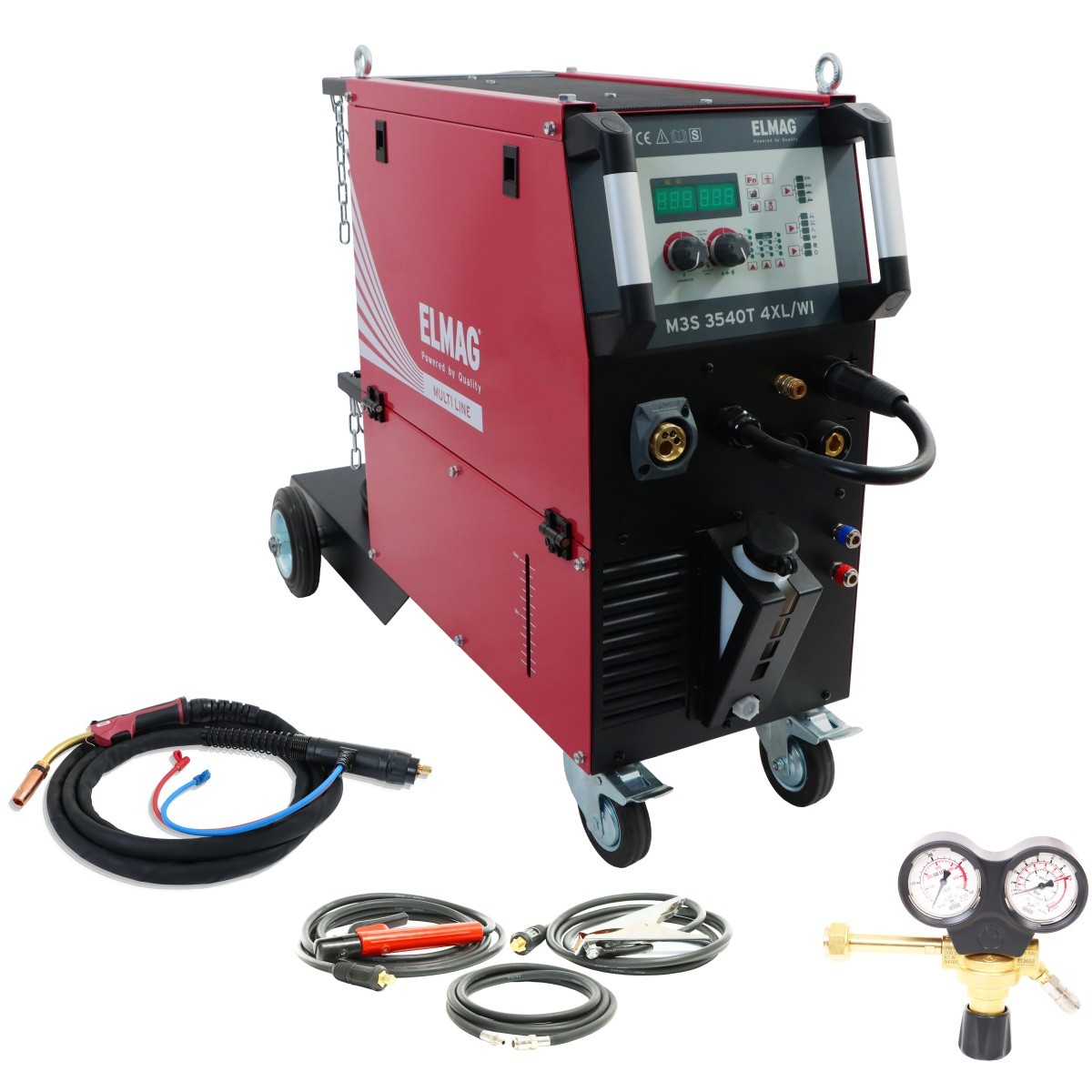Multifunktions-Schweißinverter M3S 3540T 4XL/WI / ECO-SET Rotes Schweißgerät mit Rollen, Display und Bedienelementen, daneben Schweißzubehör wie Schläuche, Brenner und Druckminderer.