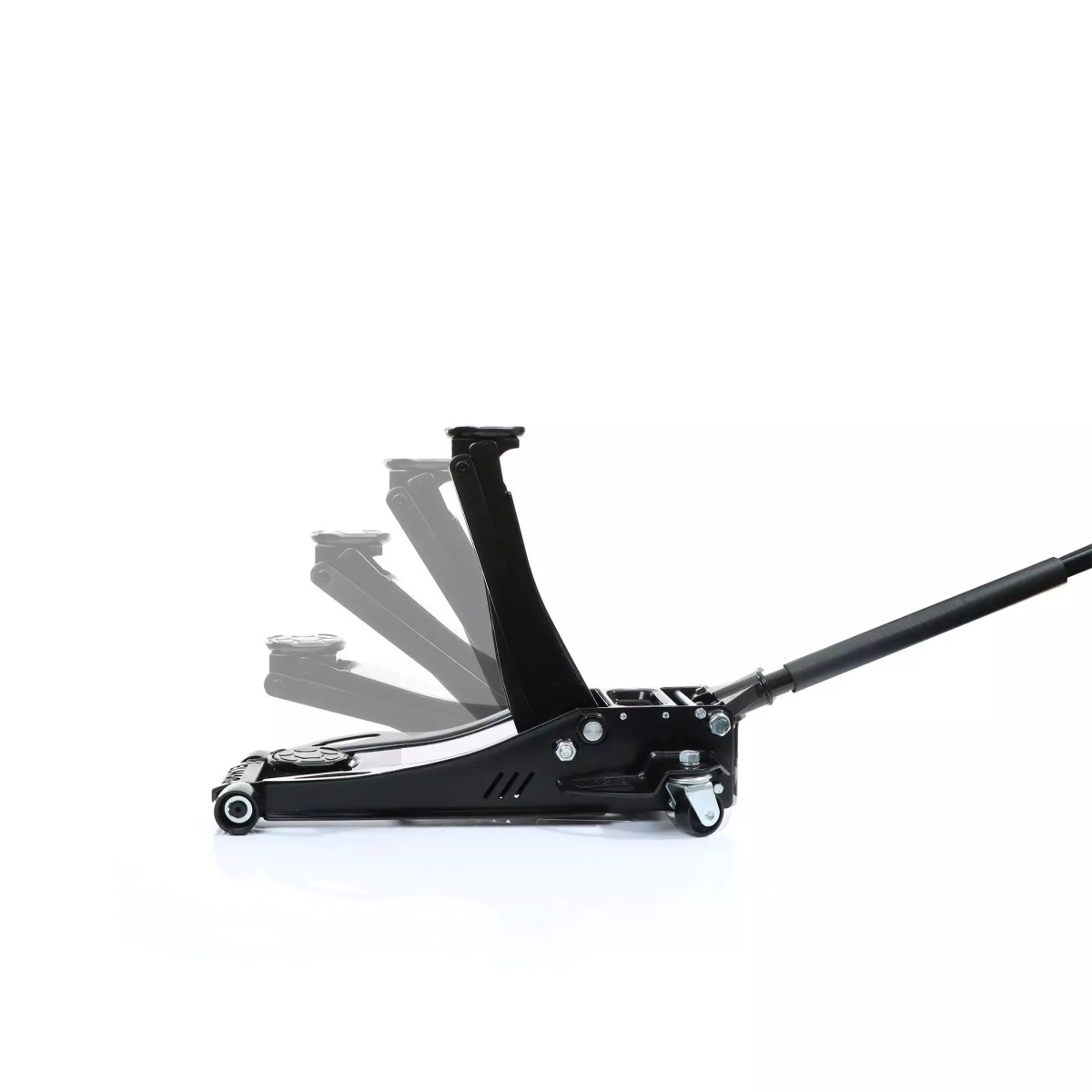 Seitenansicht eines Rangierwagenhebers mit überblendeten Hubarmen, die verschiedene Hubhöhen zeigen; Pumphebel nach rechts.