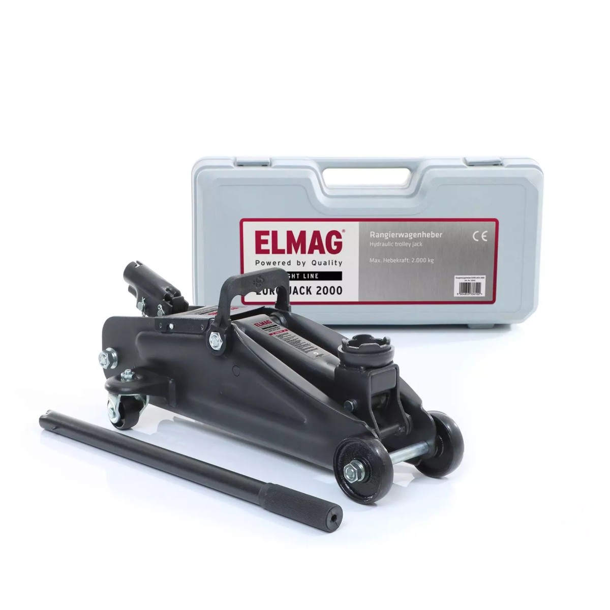 Rangierwagenheber mit losem Pumphebel vor grauem Transportkoffer; Kofferaufschrift „ELMAG EURO JACK 2000“.