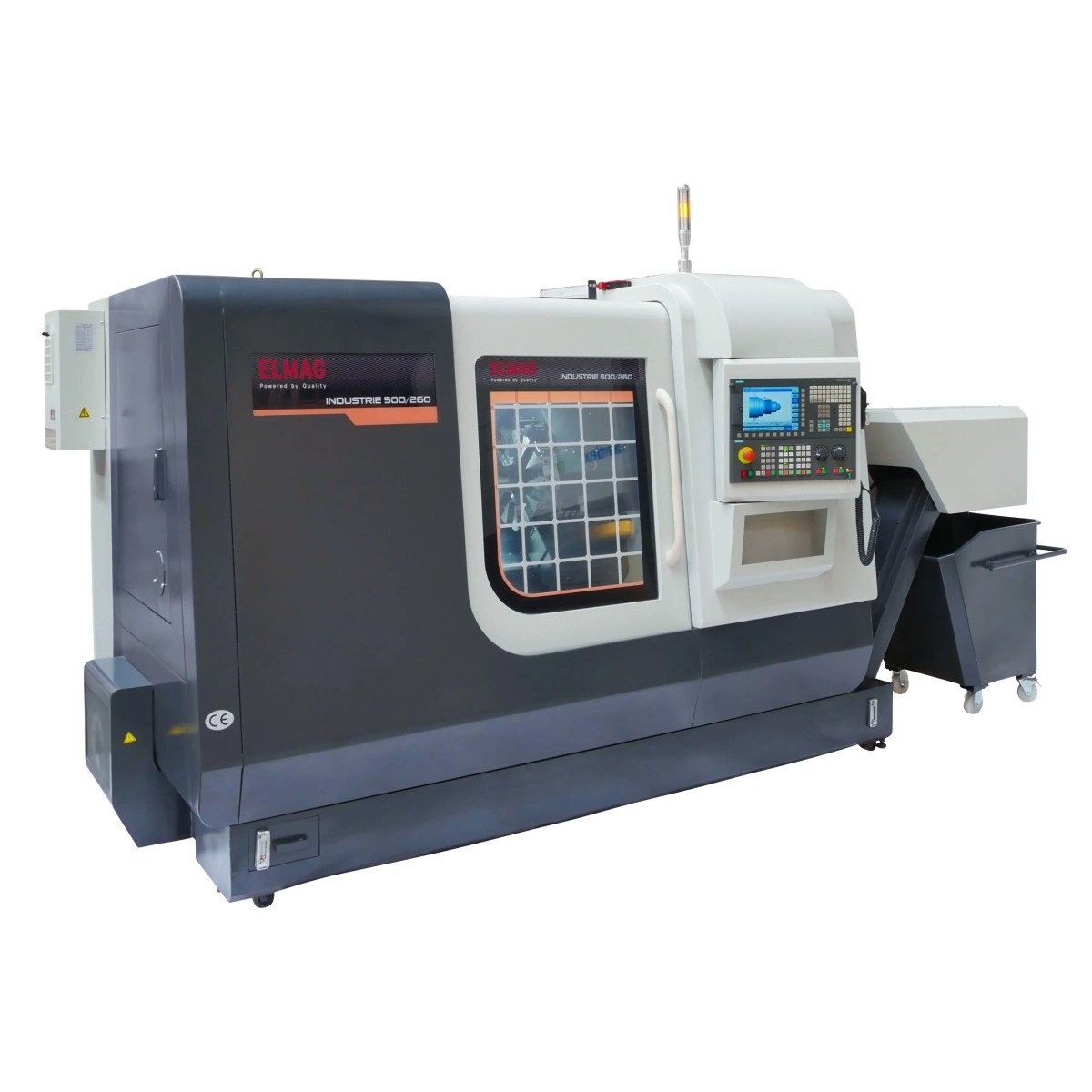 ELMAG CNC-Drehmaschine INDUSTRIE 500/260 mit geschlossener Kabine, Sichtfenster, Siemens-Bedienfeld und Späneförderer.