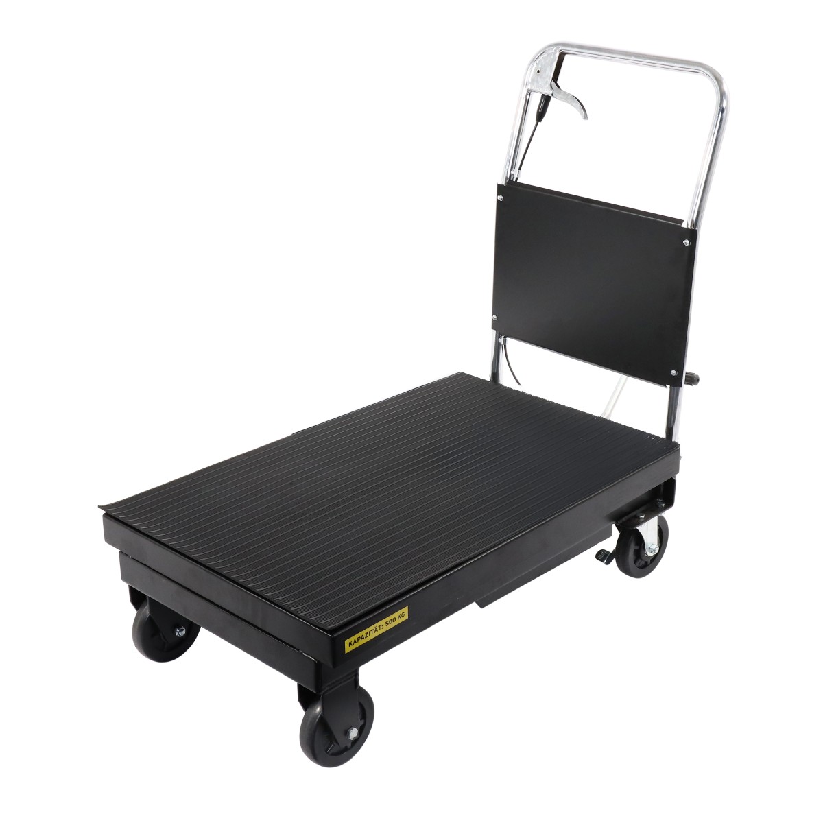 Scheren-Hubtischwagen 500 kg Hubtischwagen abgesenkt in Schrägansicht: schwarze rutschfeste Plattform, Chrom-Griffbügel mit Handhebel, vier Rollen.