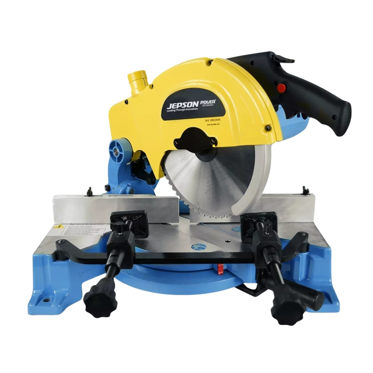 JEPSON Dry Miter Cutter 9410ND Metall-Kappsäge mit großem Kreissägeblatt, Schutzhaube, Handgriff und zwei Werkstückspannern.