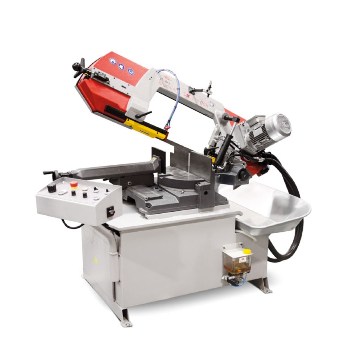 BOMAR Metall-Bandsägemaschine Ergonomic 320.258 DGH ELMAG Metallbandsäge mit Schwenkarm, Spannvorrichtung, Motorantrieb und Bedienfeld auf weißem Hintergrund.