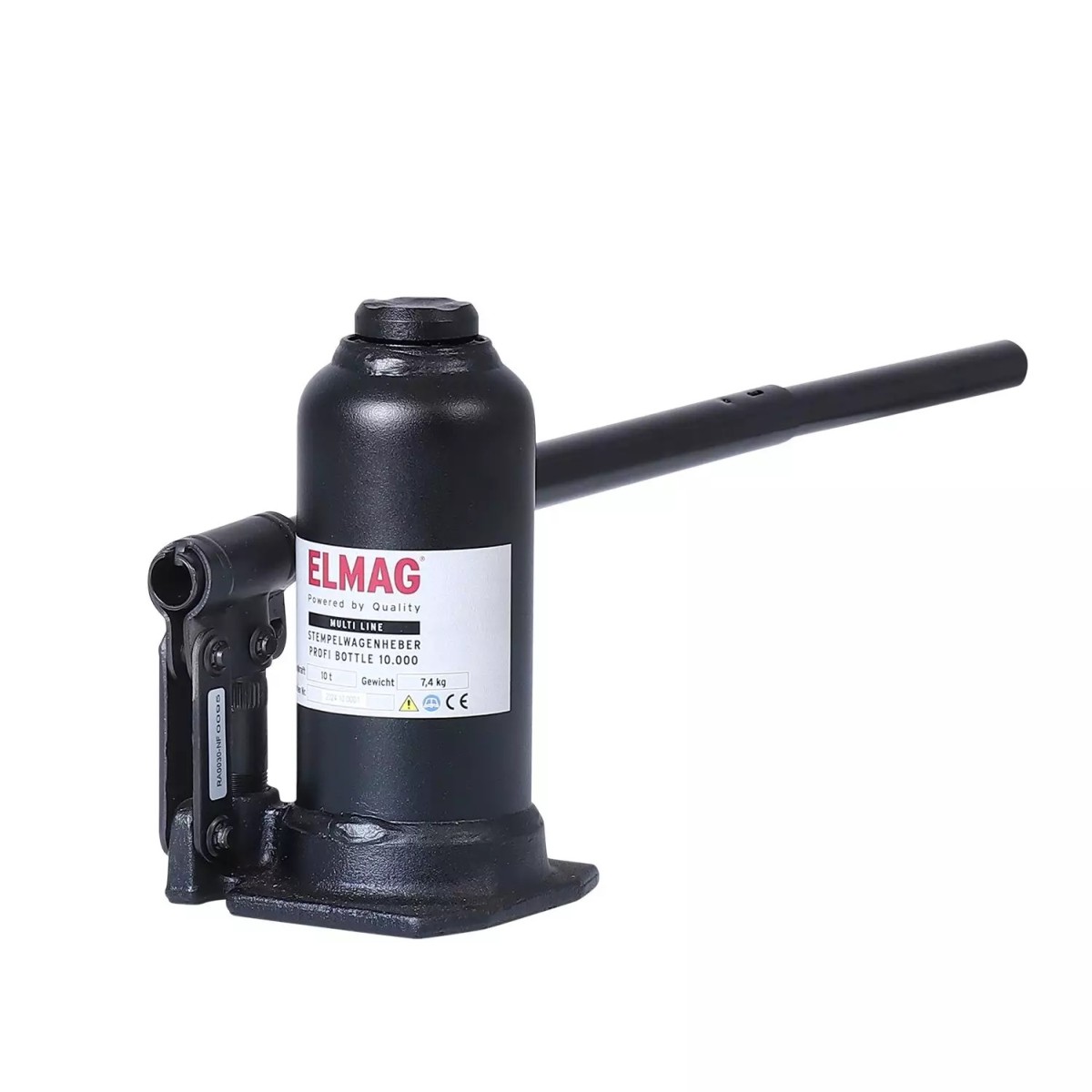 Schwarzer ELMAG-Stempelwagenheber Profi Bottle 10.000 mit Pumpmechanik, Standfuß und eingesetztem Hebel.