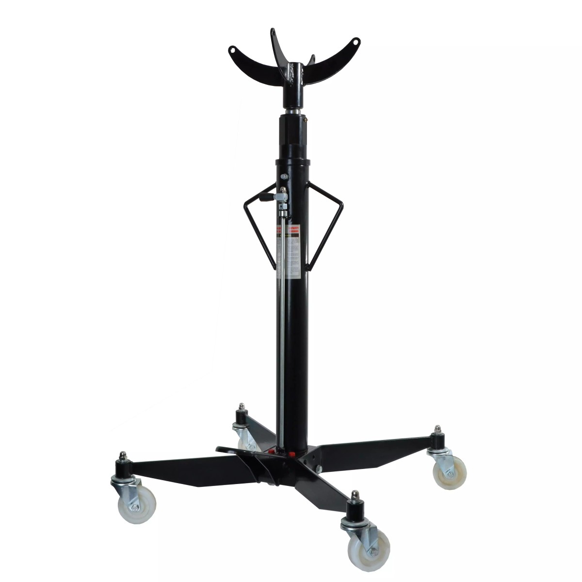 Getriebeheber komplett: schwarzer Hydraulikheber mit dreiflügeliger Aufnahme und vier Rollen am Kreuzfuß, freigestellt.