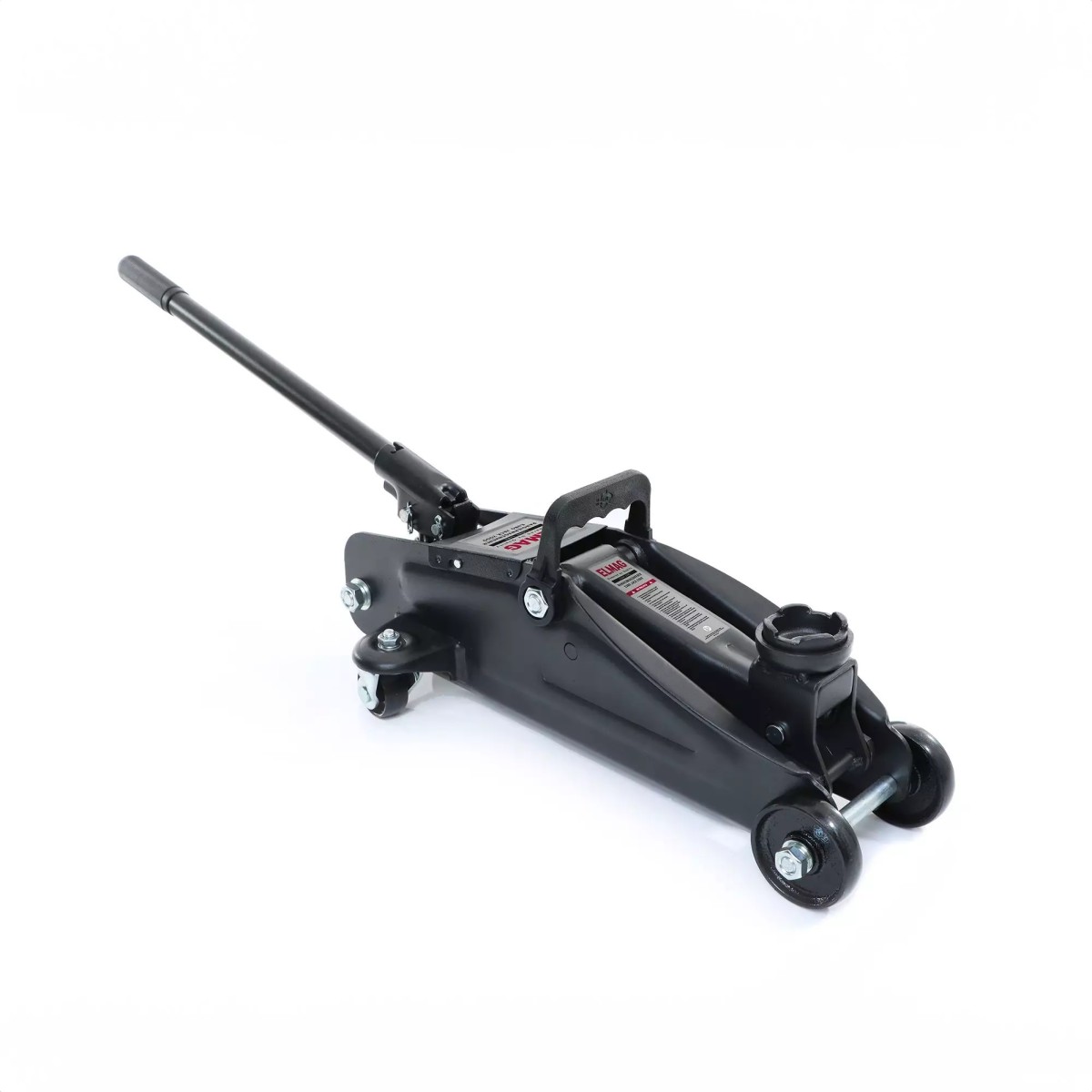 Schwarzer Rangierwagenheber mit langem Pumphebel, Tragegriff und Auflageteller; zwei vordere Rollen und hintere Lenkrollen.