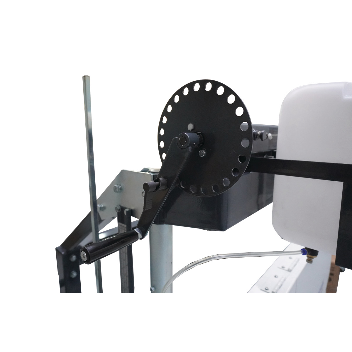 Blockbandsäge HBBS 810 G Detailaufnahme der Verstelleinheit mit Rasterrad und Handhebel zur Höheneinstellung des Sägehaupts.