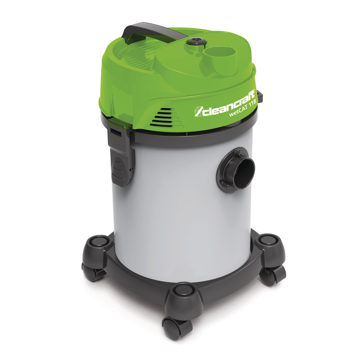 CleanCraft wetCAT 118 Nass-Trockensauger mit grünem Deckel und Fahrrollen.