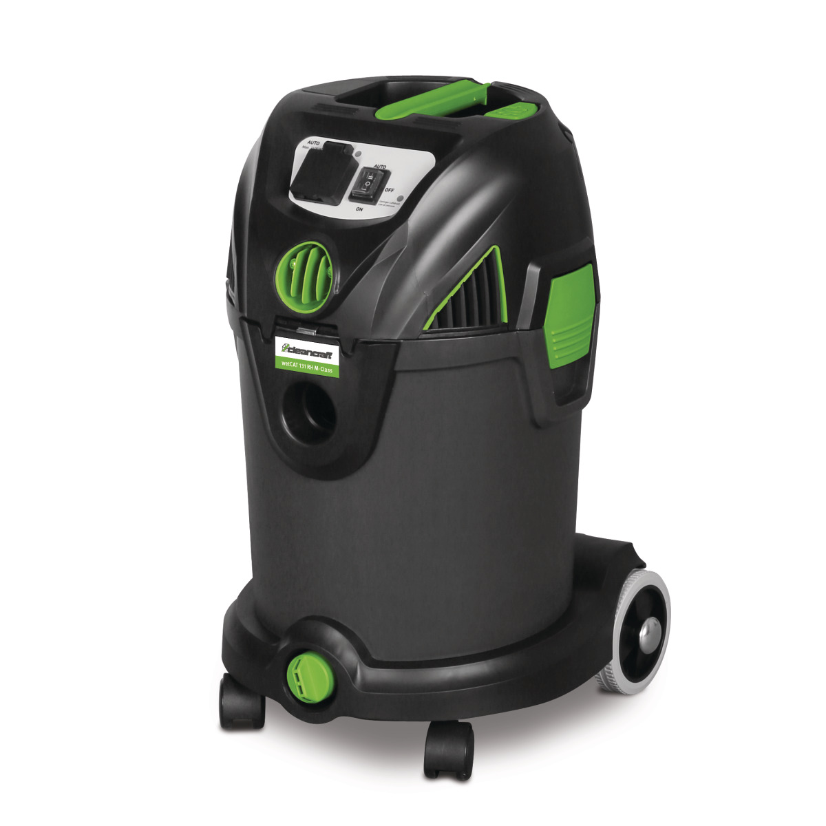 Nass-/Trockensauger wetCAT 131 RH M-Class Kompakter Nass- und Trockensauger mit schwarzem Gehäuse und grünen Bedienelementen.