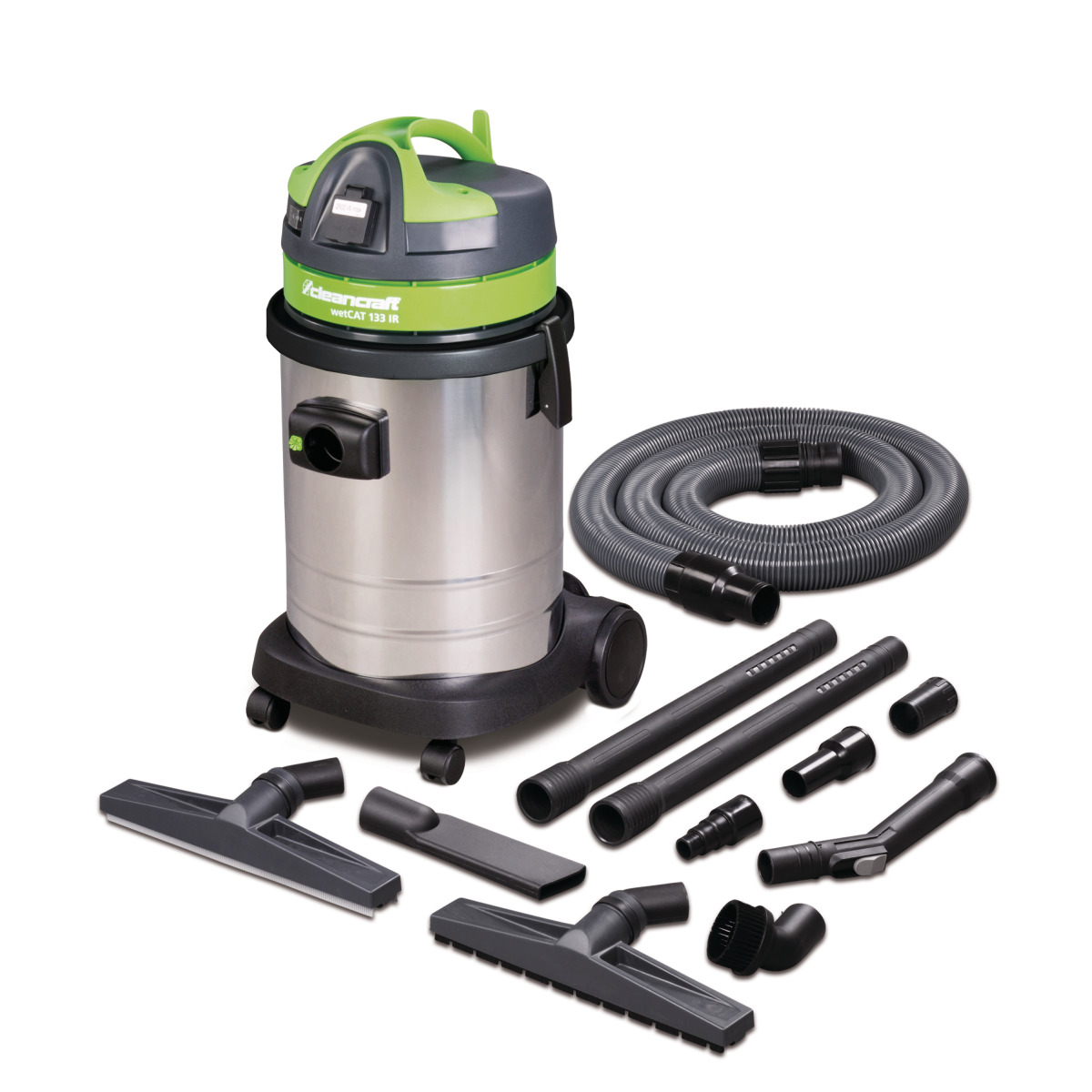 Nass-/Trockensauger wetCAT 133 IR Nass- und Trockensauger mit komplettem Zubehörset, Schläuchen und Düsen, zusammen dargestellt.