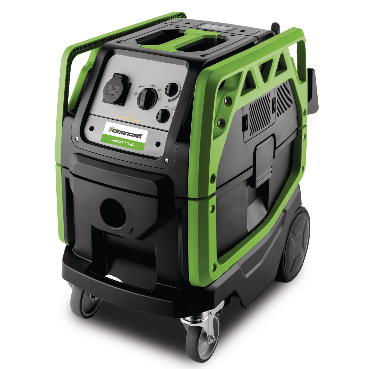 Nass-/Trockensauger wetCAT 141 RS-Tool M-Class Kompakter Bau-Entstauber mit grünem Rahmenschutz, Bedienelementen und Rollen für mobilen Einsatz.