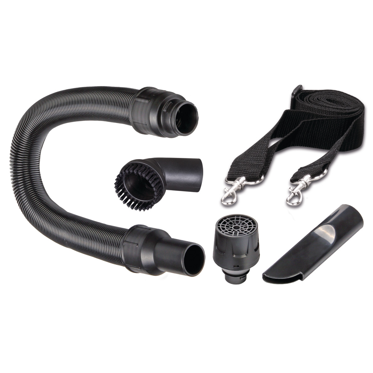 Trockensauger dryCAT 15 Zubehörset mit Saugschlauch, Düsen, Bürste und Tragegurt auf weißem Hintergrund.