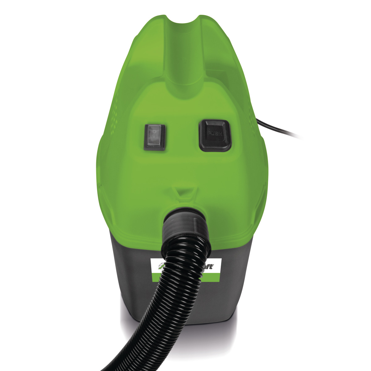 Trockensauger dryCAT 15 Kompakter Industriestaubsauger mit grünem Gehäuse, schwarzer Basis und angeschlossenem Saugschlauch.