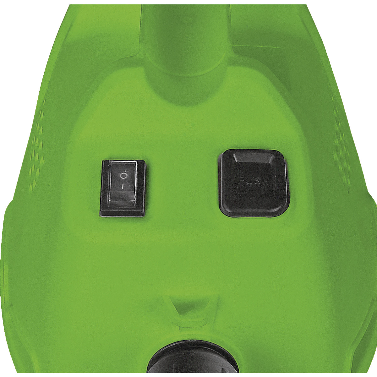 Trockensauger dryCAT 15B Nahaufnahme des Bedienfelds mit Netzschalter und Drucktaste auf grünem Gehäuse.