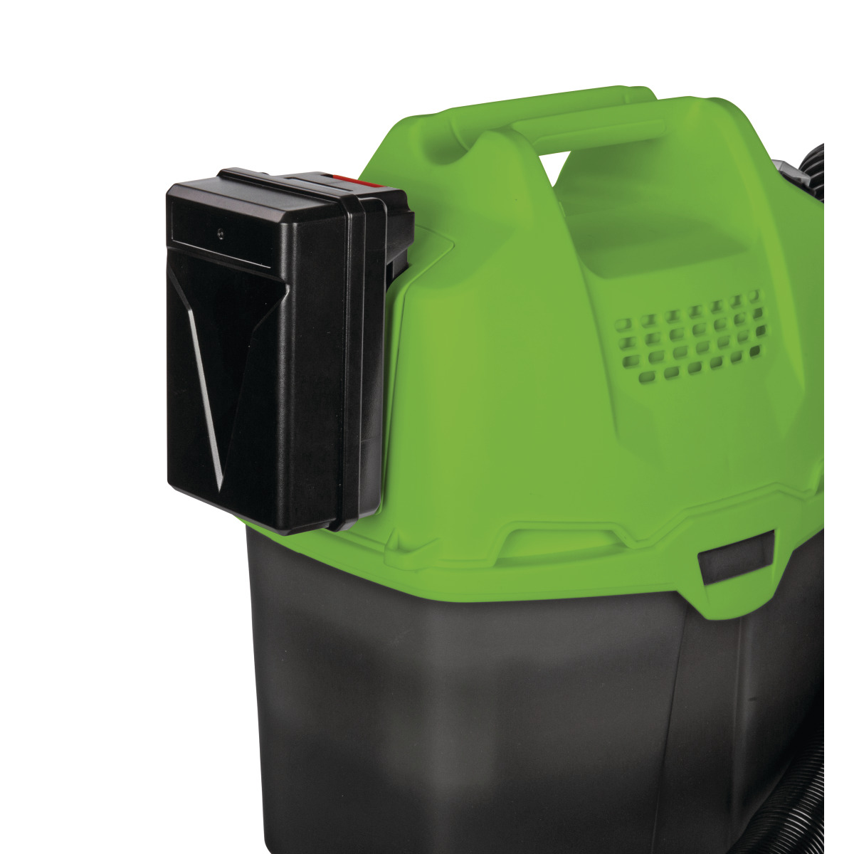 Trockensauger dryCAT 15B Detailaufnahme des eingesetzten Akkus an der Rückseite des grünen Staubsaugers.