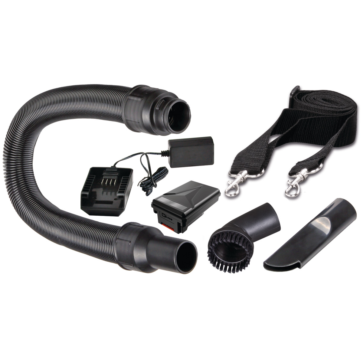 Trockensauger dryCAT 15B Zubehörset mit Schlauch, Düsen, Bürste, Tragegurt, Akku, Ladegerät und Netzteil.