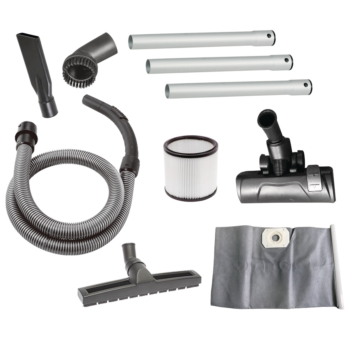 Nass-/Trockensauger wetCAT 131 IRH Zubehörset mit Schläuchen, Saugrohren, Düsen, Filter und Staubbeutel für Nass- und Trockensauger.