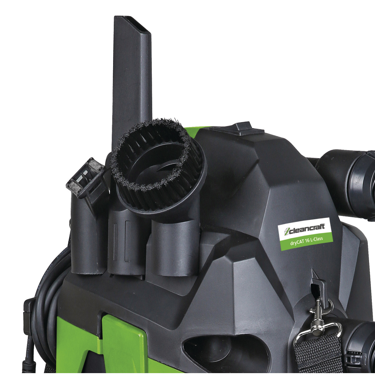 Trockensauger dryCAT 16 L-Class Nahaufnahme der Zubehörhalterung mit Bürsten- und Fugendüse am Staubsaugerkopf.