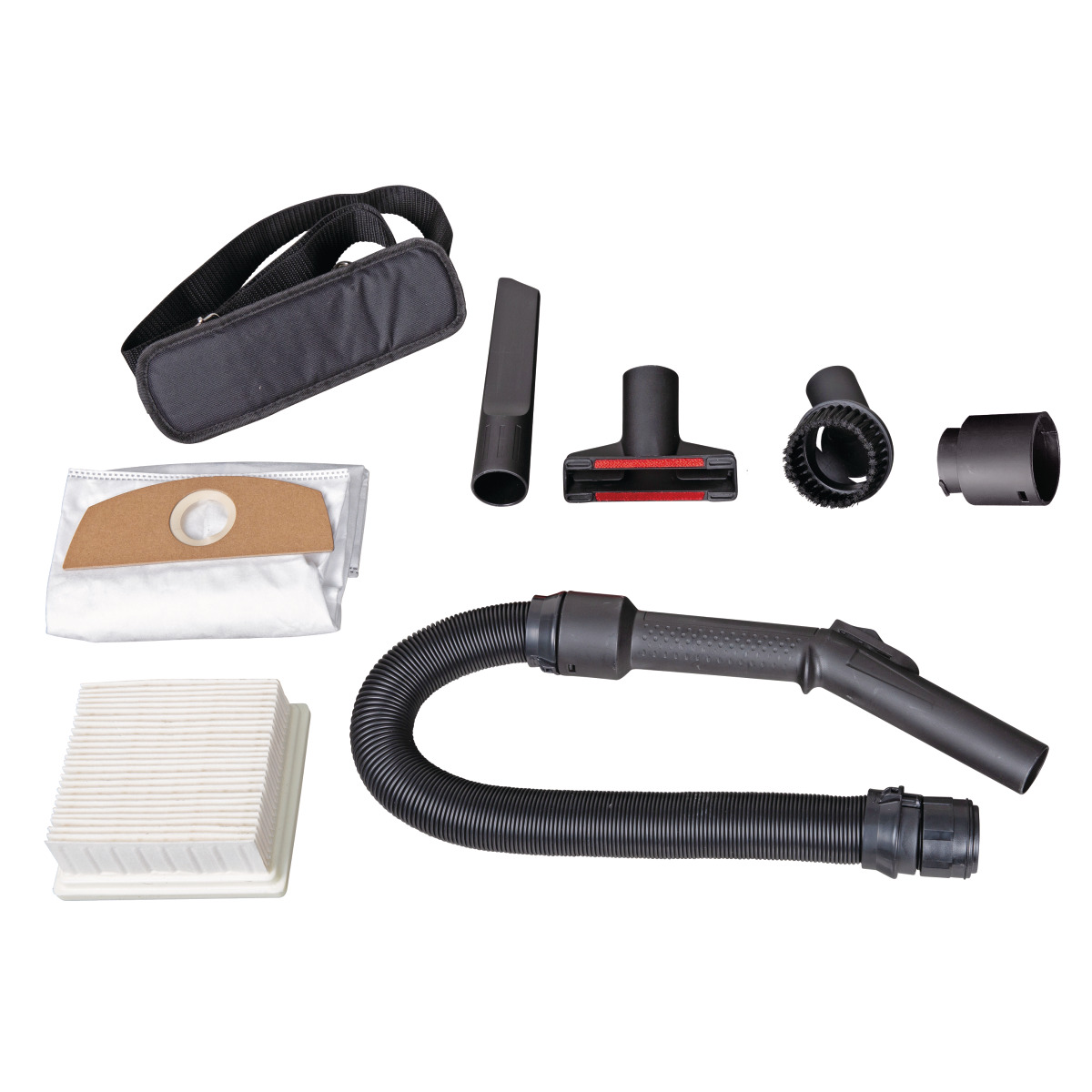 Trockensauger dryCAT 16 L-Class Zubehörset mit Saugschlauch, Filtern, Staubbeutel, Düsen, Bürste und Schultergurt auf Weiß.