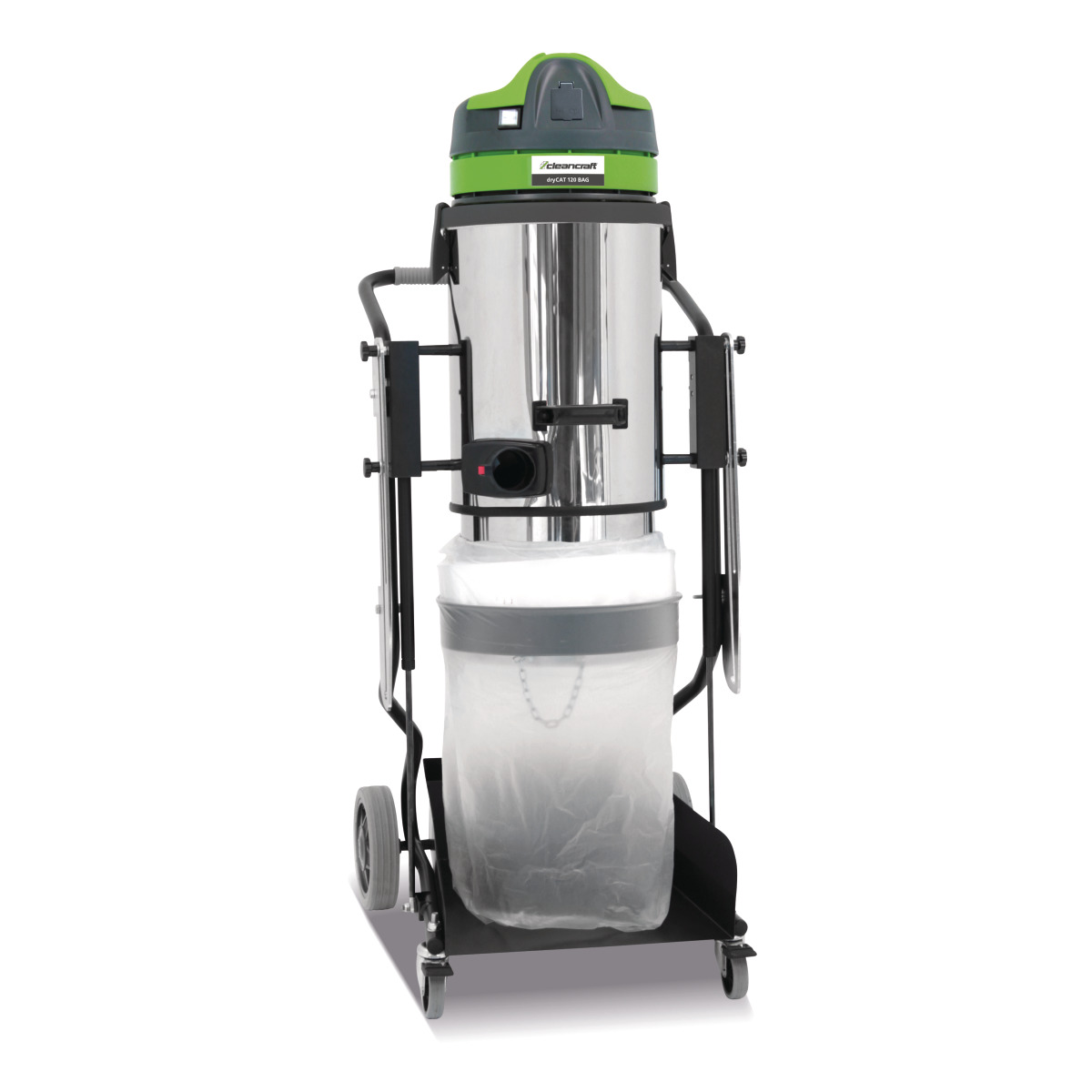 Industriestaubsauger mit Edelstahlbehälter, grünem Motorkopf und fahrbarem Metallrahmen.