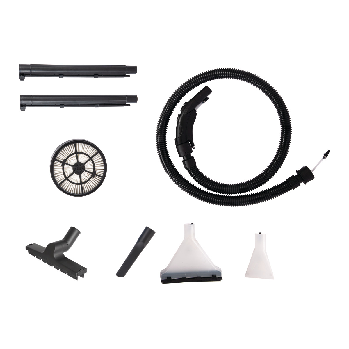 Sprühextraktionsgerät flexCAT 120 IPD Zubehörteile eines Nass- und Trockensaugers, darunter Schläuche, Filter, Rohre und verschiedene Düsen.