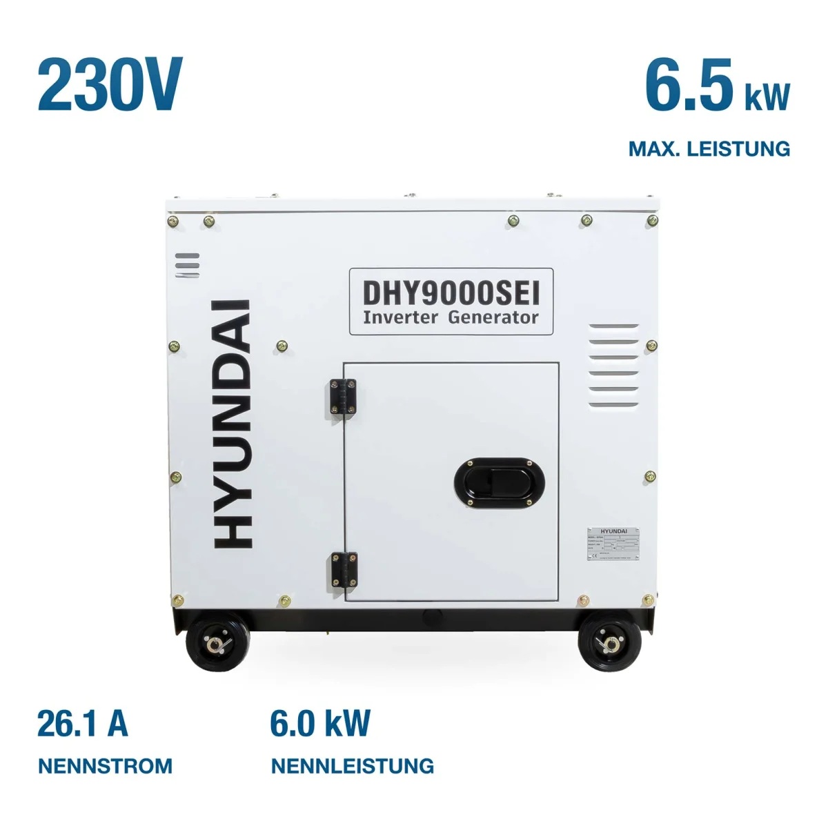 Hyundai DHY9000SEI mit 230 V, 6,5 kW Maximalleistung, 6,0 kW Nennleistung und 26,1 A Nennstrom.
