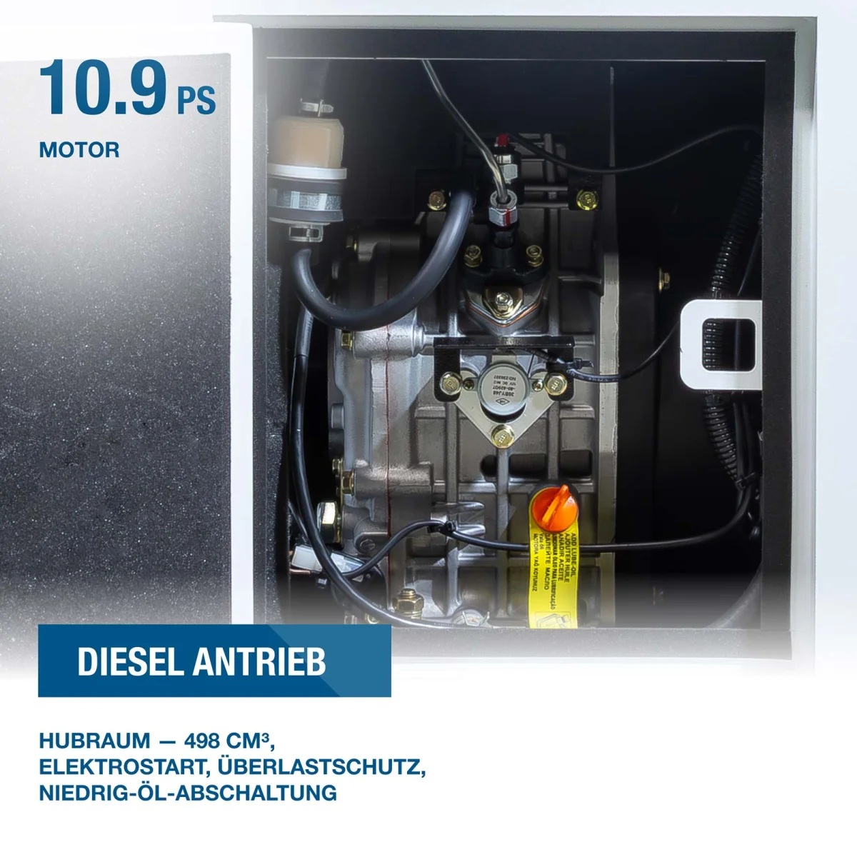 Nahansicht des 10,9-PS-Dieselmotors mit 498 cm³ Hubraum, Elektrostart, Überlastschutz und Niedrigölabschaltung.