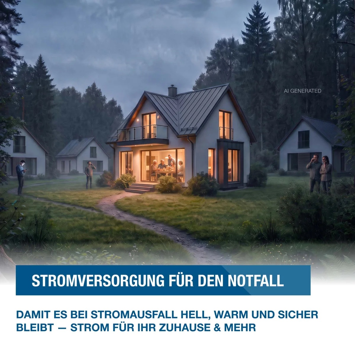Beleuchtetes Wohnhaus als Darstellung einer Notstromversorgung bei Stromausfall.