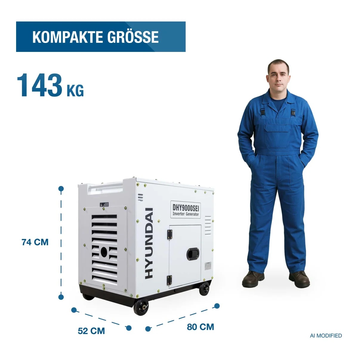 Hyundai DHY9000SEI mit 143 kg Gewicht und Abmessungen von 80 × 52 × 74 cm.