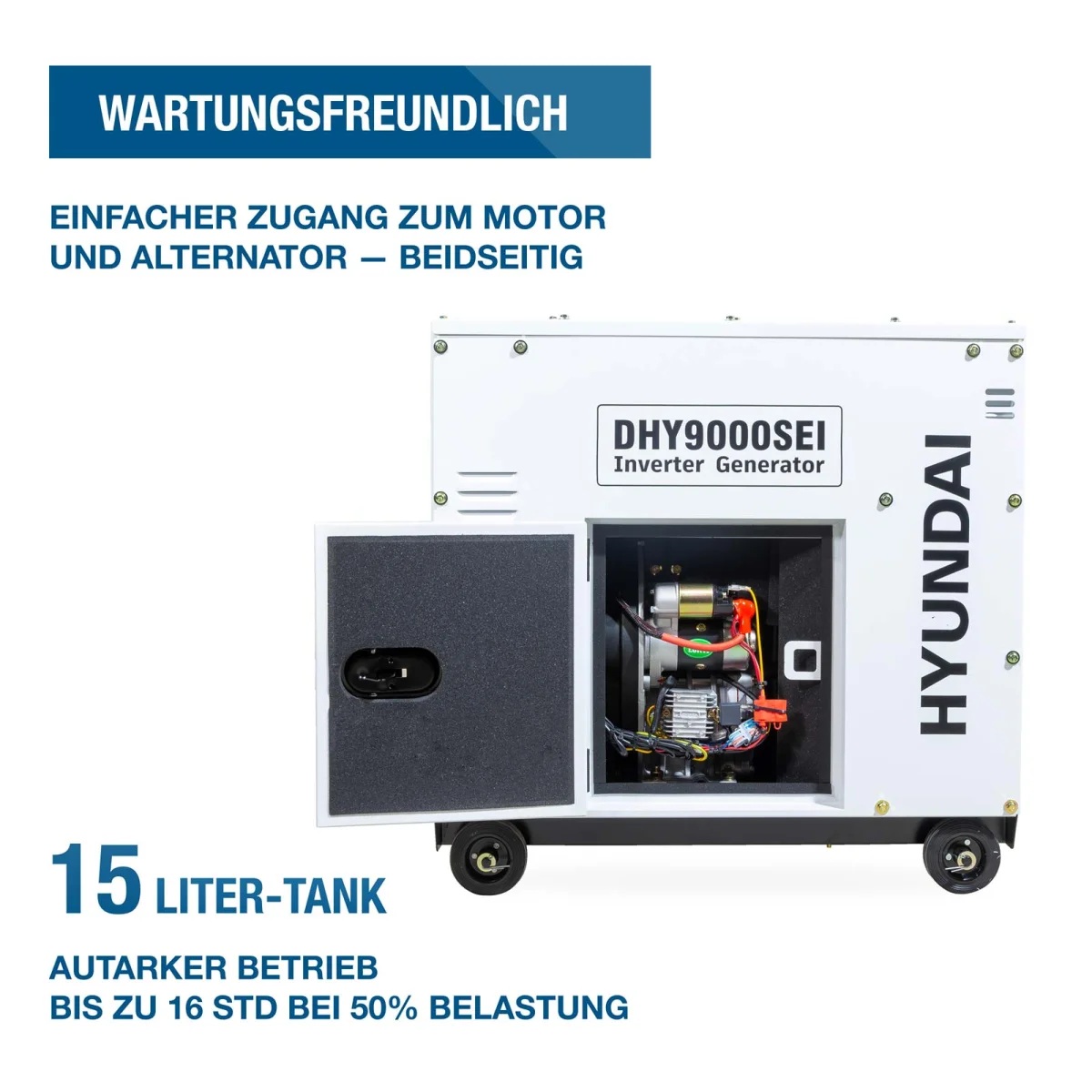 Hyundai Diesel-Invertergenerator DHY9000SEI mit geöffneter Wartungsklappe, 15-Liter-Tank und bis zu 16 Stunden Laufzeit bei 50 % Last.