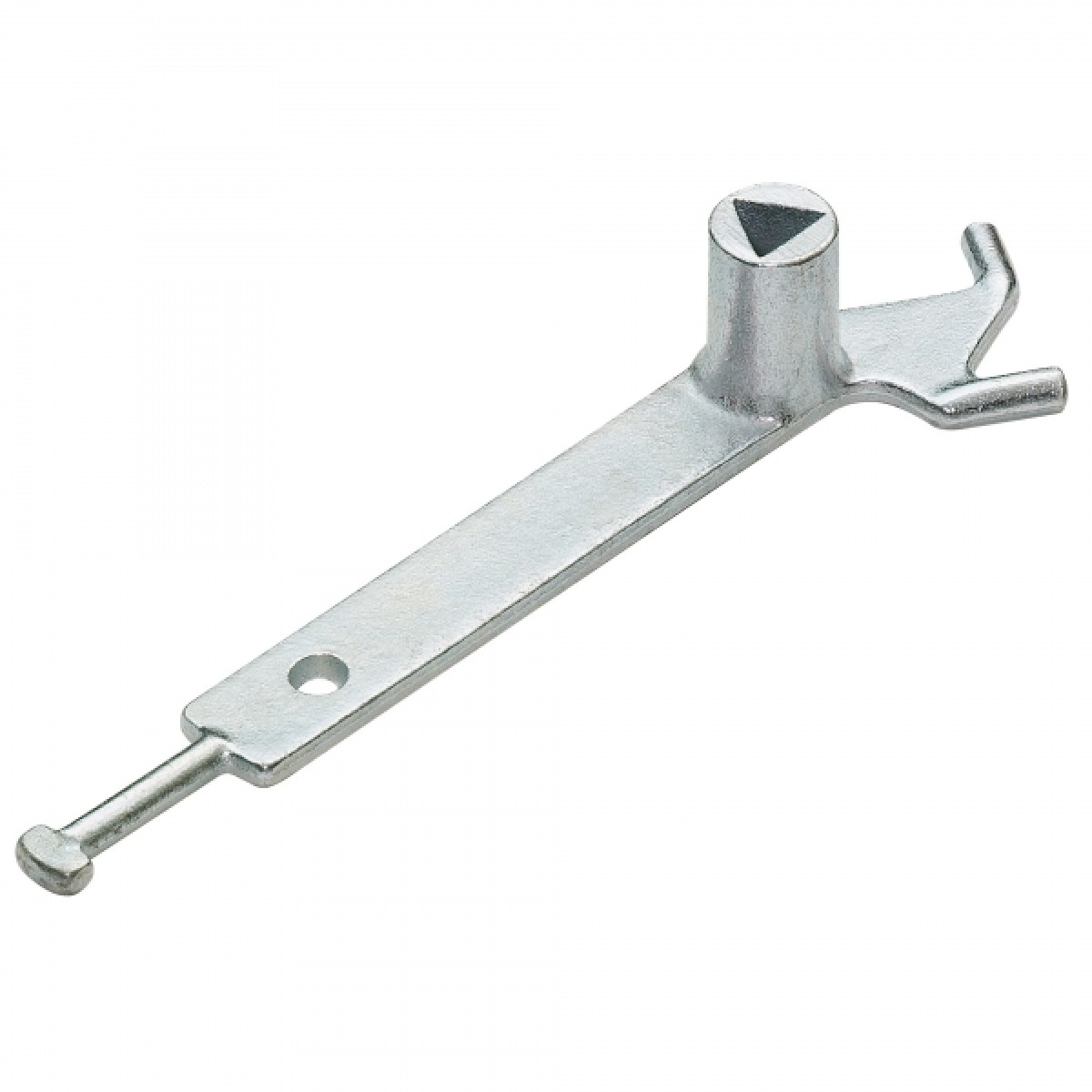 Metall-Schlüsselwerkzeug mit langem Flachhebel Metall-Schlüsselwerkzeug mit langem Flachhebel, Drehknopf mit Dreieckmarkierung, Loch im Hebel und Hakenende, vor weißem Hintergrund.