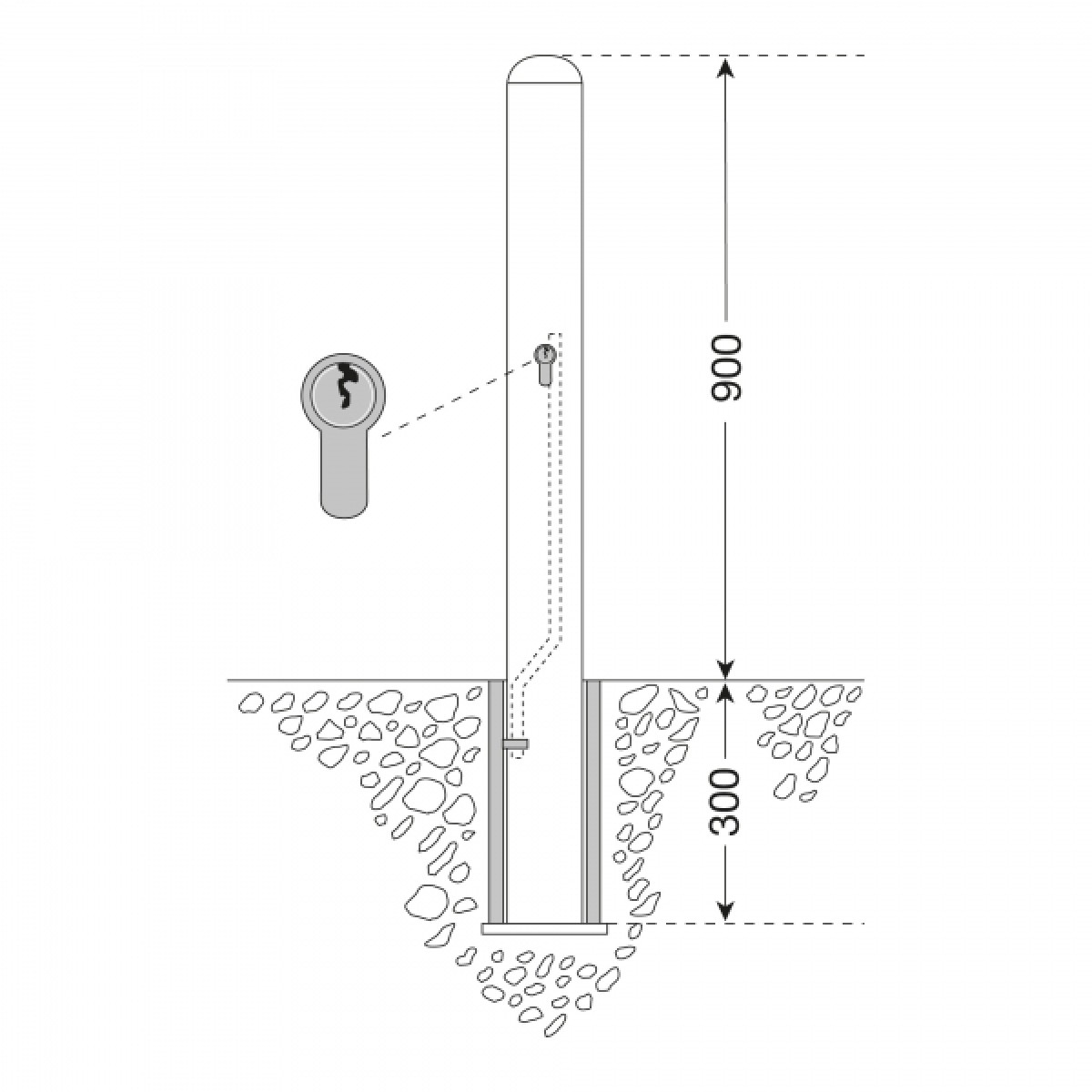 Technische Skizze: versenkbarer Poller in Bodenhülse mit Schlossöffnung; 900 mm über Boden, 300 mm Einbautiefe, Fundament dargestellt.