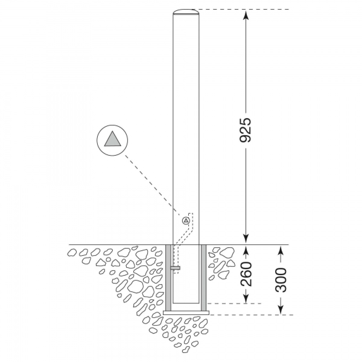 Edelstahlpoller MILANO Schnittzeichnung: Pfosten in Bodenhülse mit Verriegelung (Detail A); 925 mm über Boden, 260 mm Einstecktiefe, 300 mm Grubentiefe.