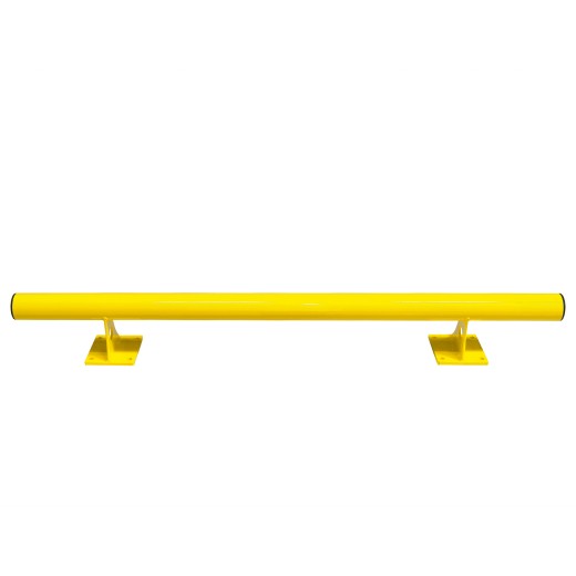 Gelbe Schutzbarriere aus Metall mit zwei Bodenplatten zur Montage, dient als Anfahrschutz in Industrie- und Lagerbereichen.