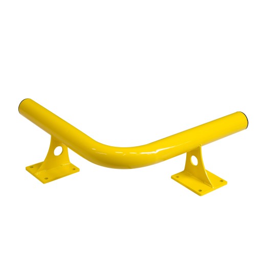 Gelbe Rammschutzbarriere mit V-Form und zwei Bodenplatten, schützt Ecken und Anlagen in Industrie- und Lagerbereichen.