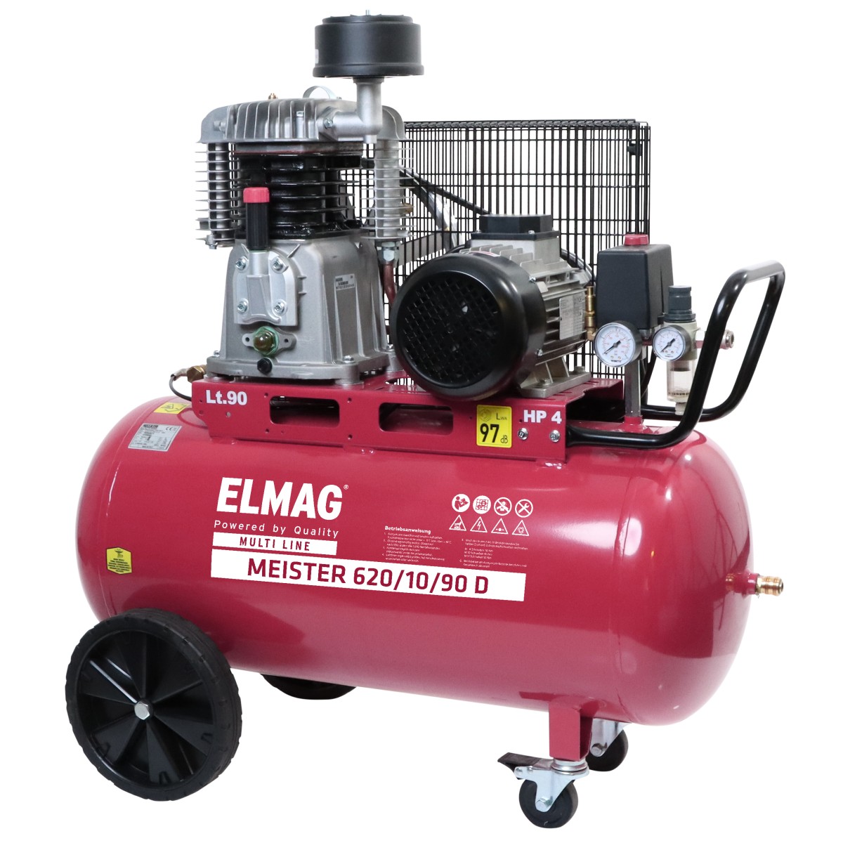 Roter ELMAG MEISTER 620/10/90 D Kompressor mit 90-Liter-Tank, Motor, Manometern, Schutzgitter und Rädern auf weißem Hintergrund.