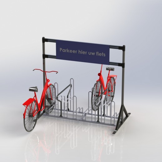 Fahrradständer mit Werbeschild, zwei roten Rädern und Platz für mehrere Fahrräder auf beiden Seiten.