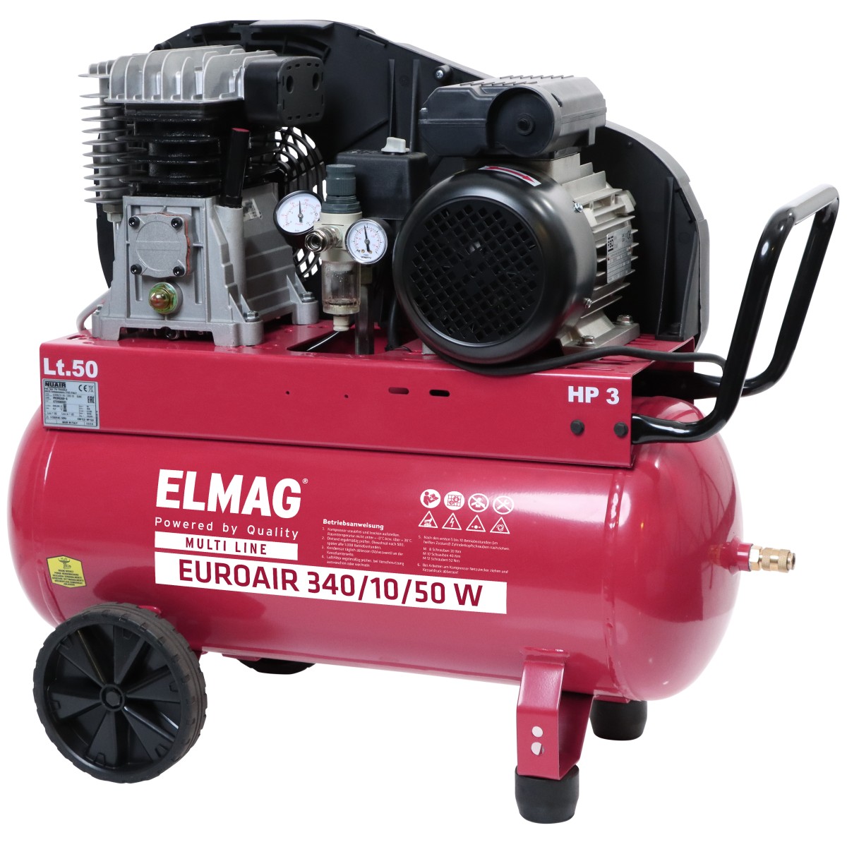 Roter ELMAG EUROAIR 340/10/50 W Kompressor mit 50-Liter-Tank, Motor, Druckmanometern, Griff und Rädern auf weißem Hintergrund.