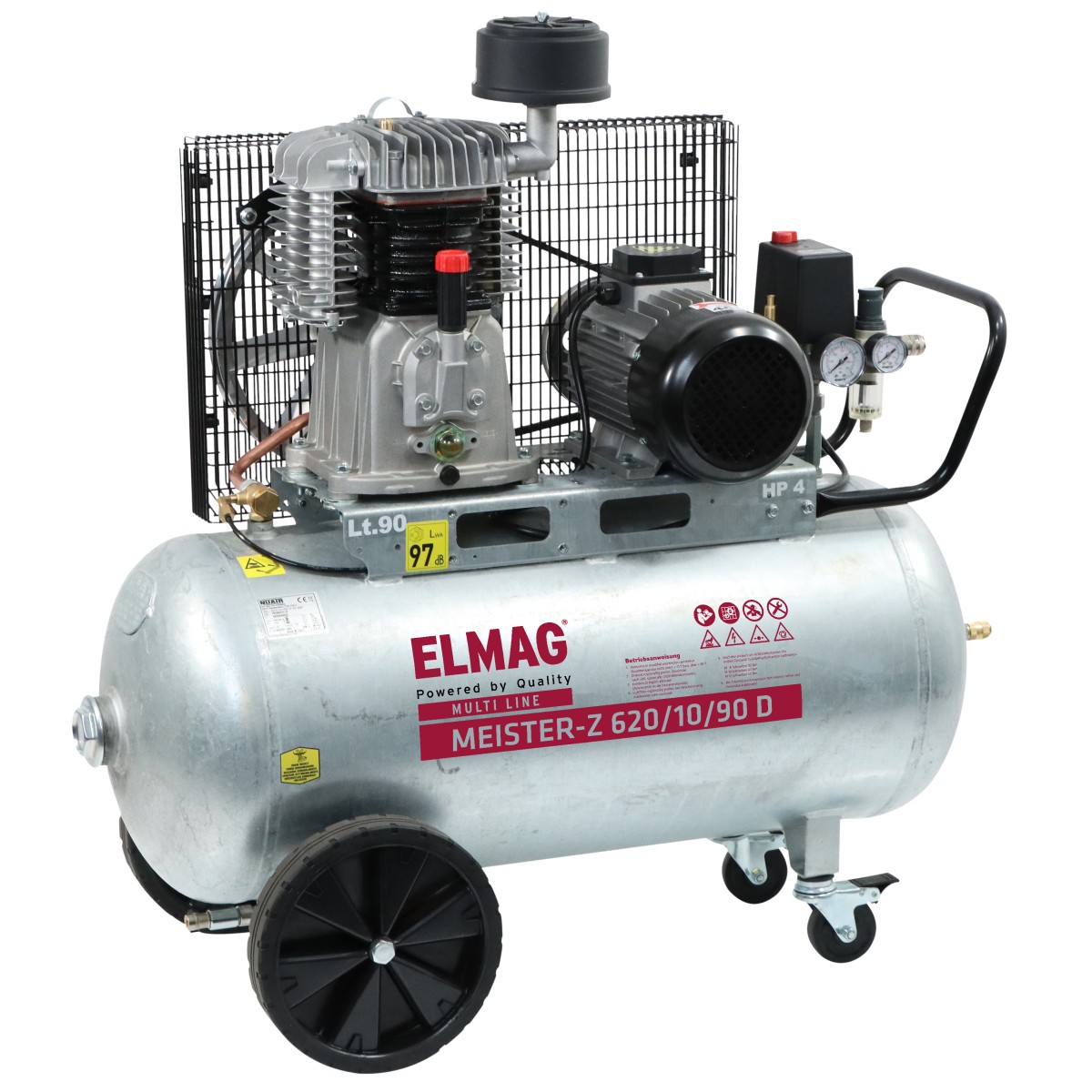 Silberner mobiler Luftkompressor mit 90-Liter-Tank, Motor, Schutzgitter, Druckmanometern und schwarzen Rädern.