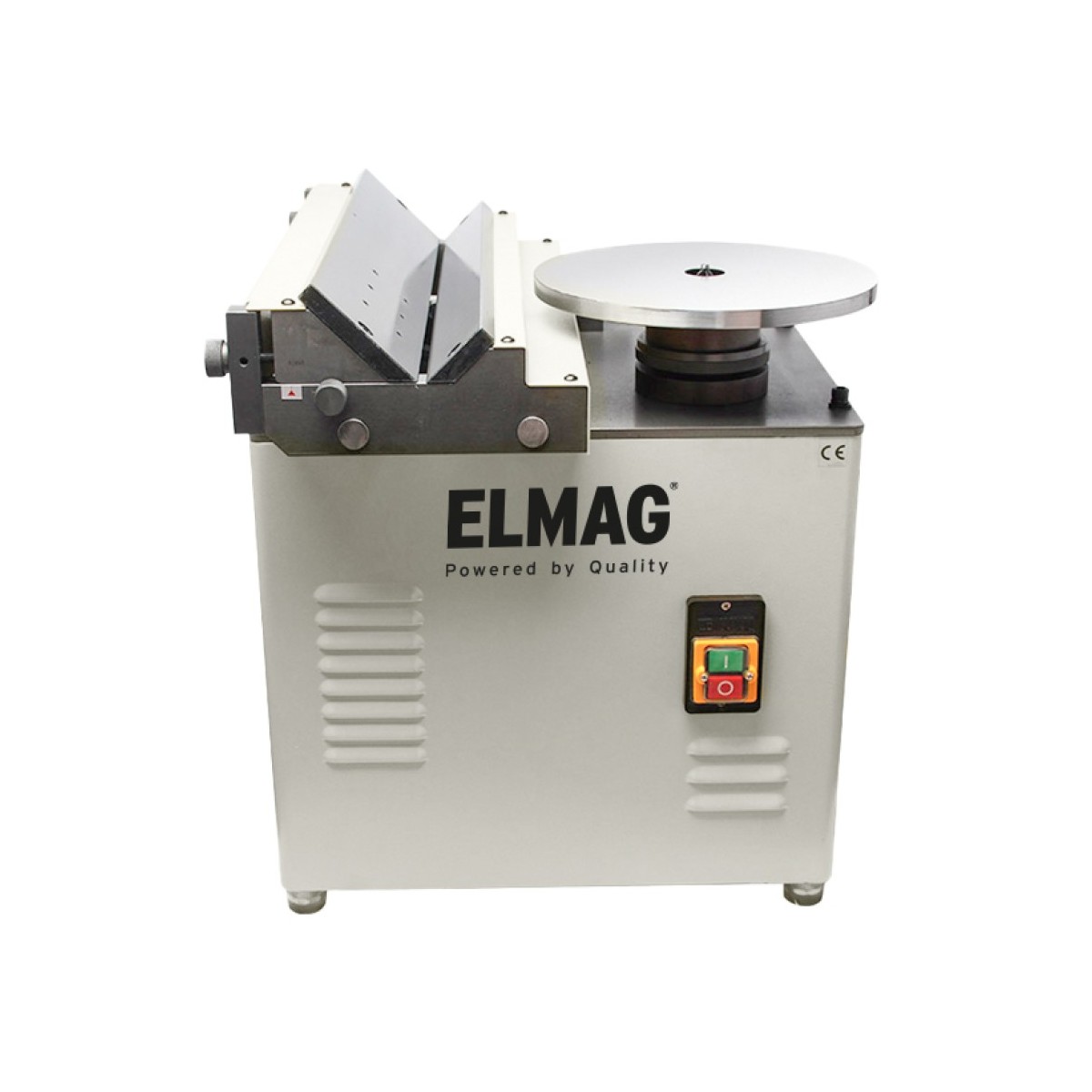 Kompakte silbergraue Anfasmaschine mit V-förmiger Führung, rundem Arbeitsteller und grün-rotem Ein-/Ausschalter vorne.