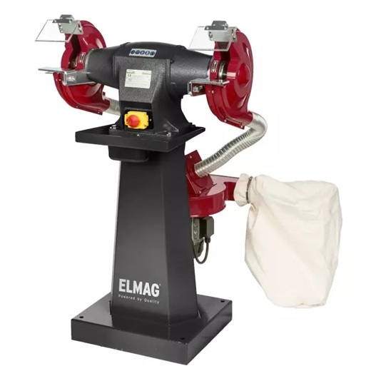 ELMAG Doppelschleifmaschine DSM 250 D mit zwei Schleifscheiben, Funkenfang und Absaugsack auf stabilem Standfuß