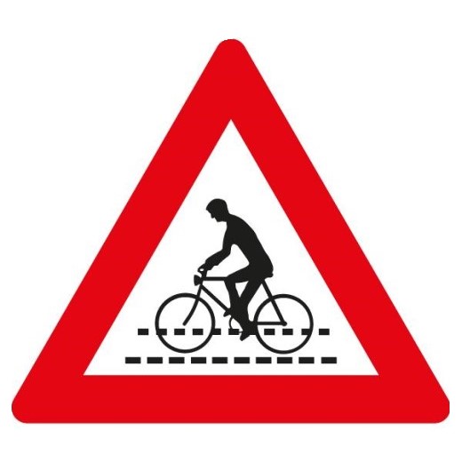 Verkehrsschild mit rotem Dreieck und einen Fahrrad, das auf Fahrradüberfahrt hinweist.