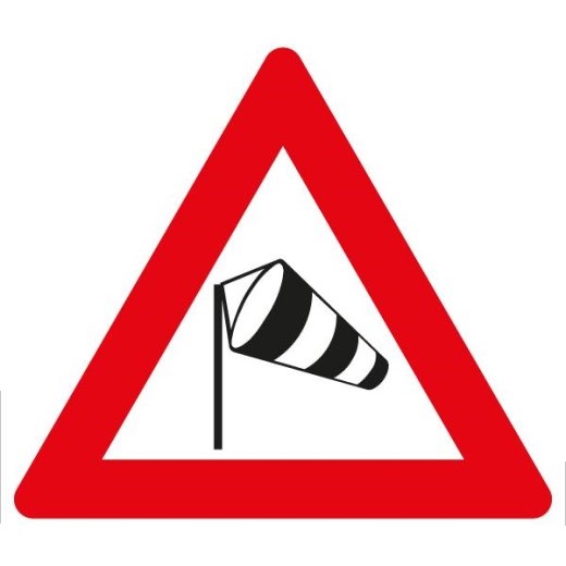Verkehrsschild mit rotem Dreieck und Windsack, das auf Seitenwind hinweist.