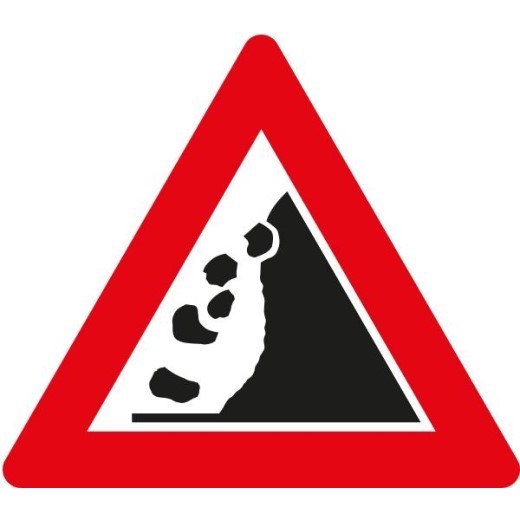 Verkehrsschild mit rotem Dreieck und herabfallenden Steinen, das auf Steinschlag hinweist.