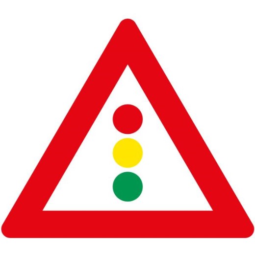 Verkehrsschild mit rotem Dreieck und einem Verkehrsampelsymbol, das auf eine kommende Ampel hinweist.