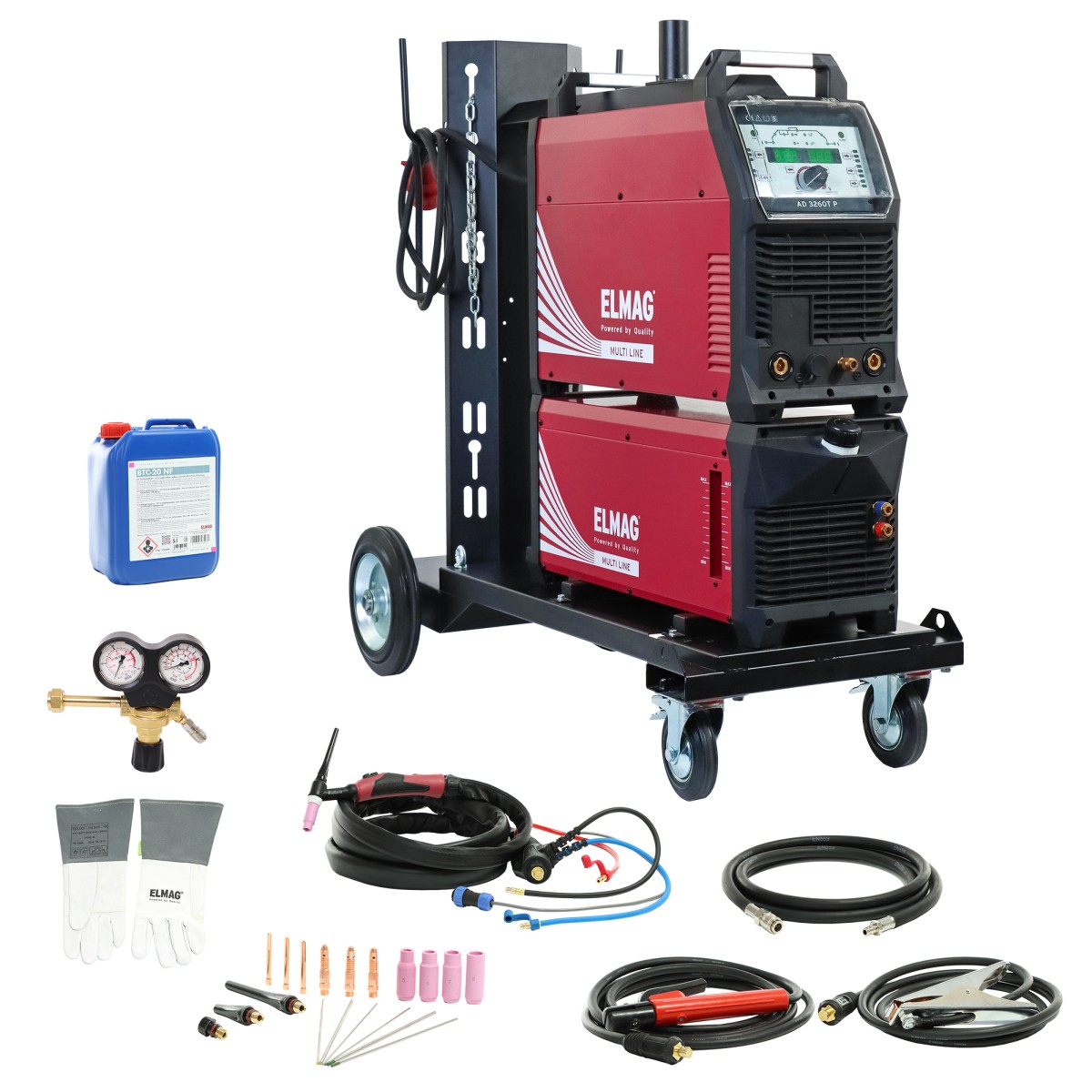 Rotes Schweißgerät auf Fahrgestell mit Zubehör wie Schläuchen, Handschuhen, Elektroden, Druckminderer und Kühlmittelkanister.