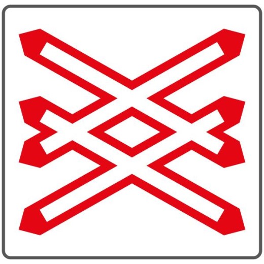 2 horizontale, weiße Kreuze mit roter Umrandung übereinandergelegt - Bahnübergang mehrgleisig, Tafel