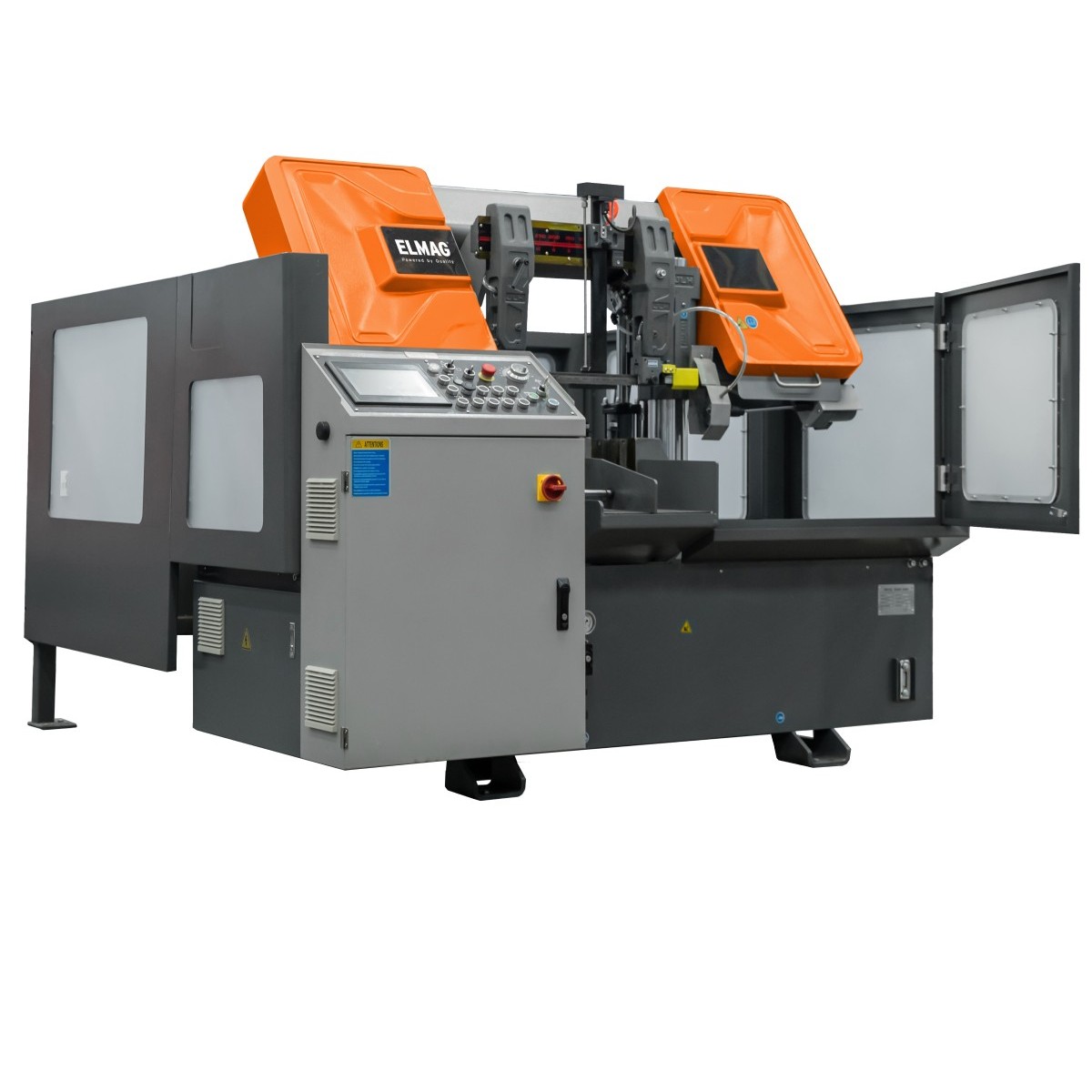 Graue Metall-Bandsägemaschine mit orangefarbenem Gehäuse, geöffneten Abdeckungen und Bedienpult mit Tastenfeld.