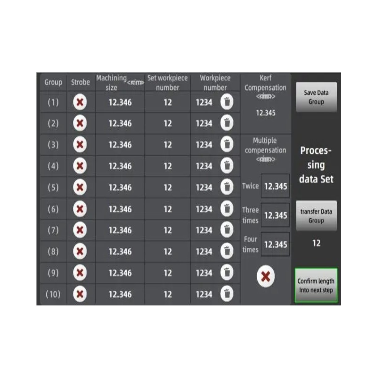 Touchscreen-Menü des ELMAG GIANT LINE 320 NC mit Werkstückgruppen, Schnittmaßen und Kerf-Kompensation.